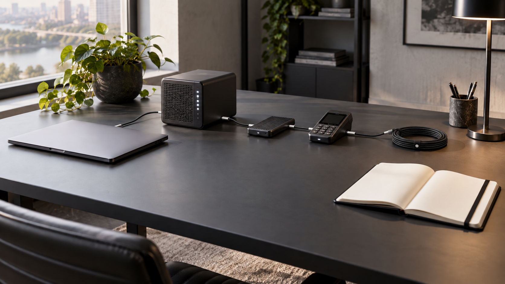 A people-free graphite workspace connects six practical technology modules with one black braided cable path